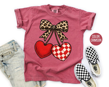Comfort Colors Leopard Coquette Valentine Cherries Shirt: Girls Valentine's Day Tee
