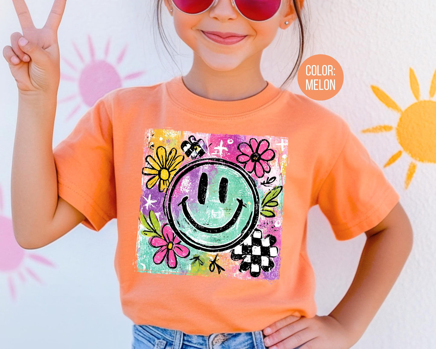 Comfort Colors Girls Retro Smiley Face Shirt, Girly Happy Face Tee