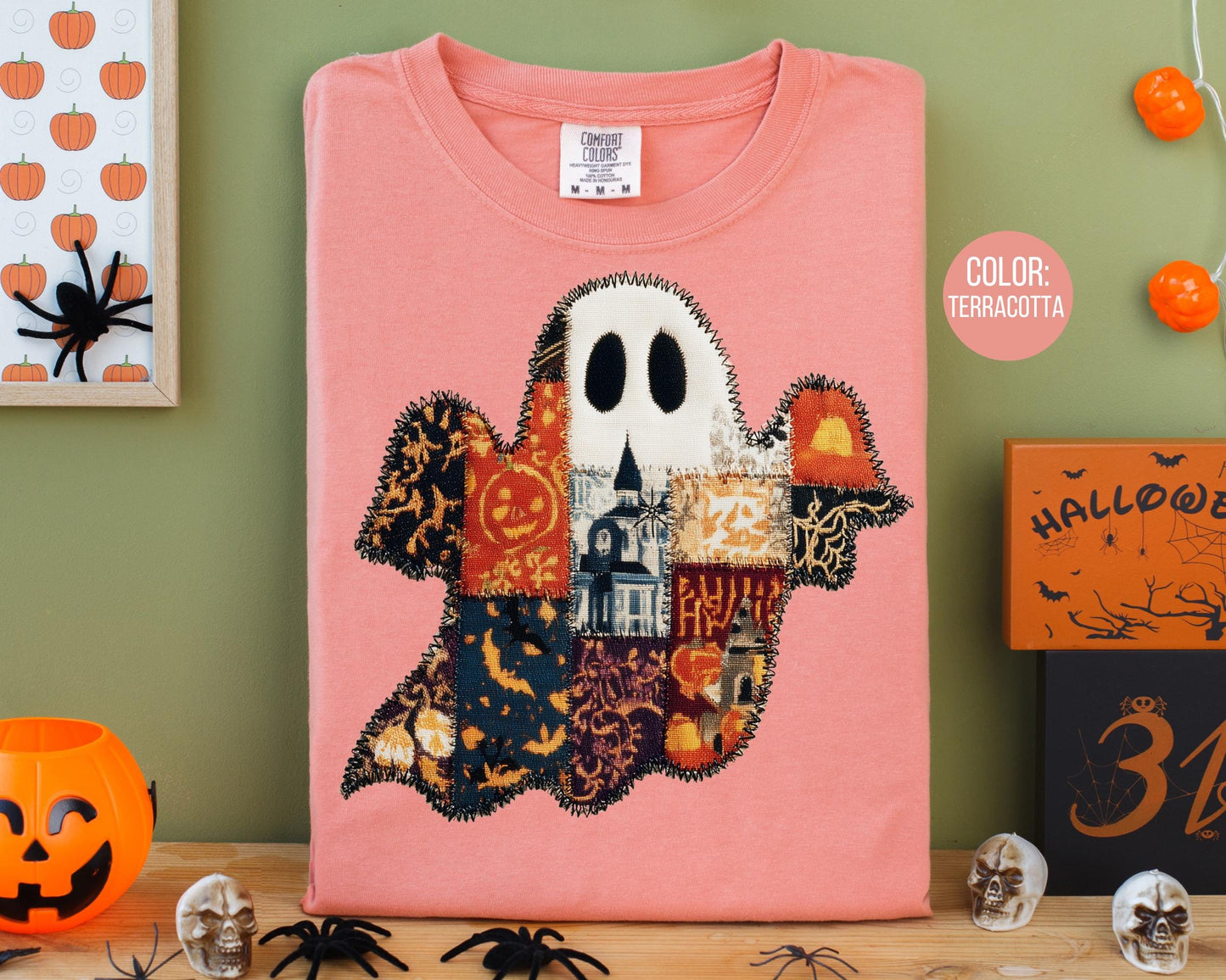 Comfort Colors Patchwork Ghost Shirt: Spooky Fall Tee