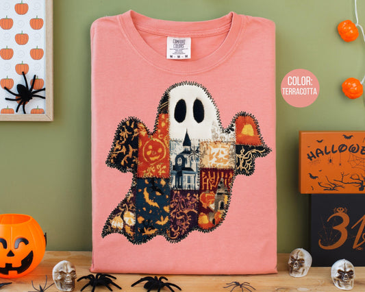 Comfort Colors Patchwork Ghost Shirt: Spooky Fall Tee