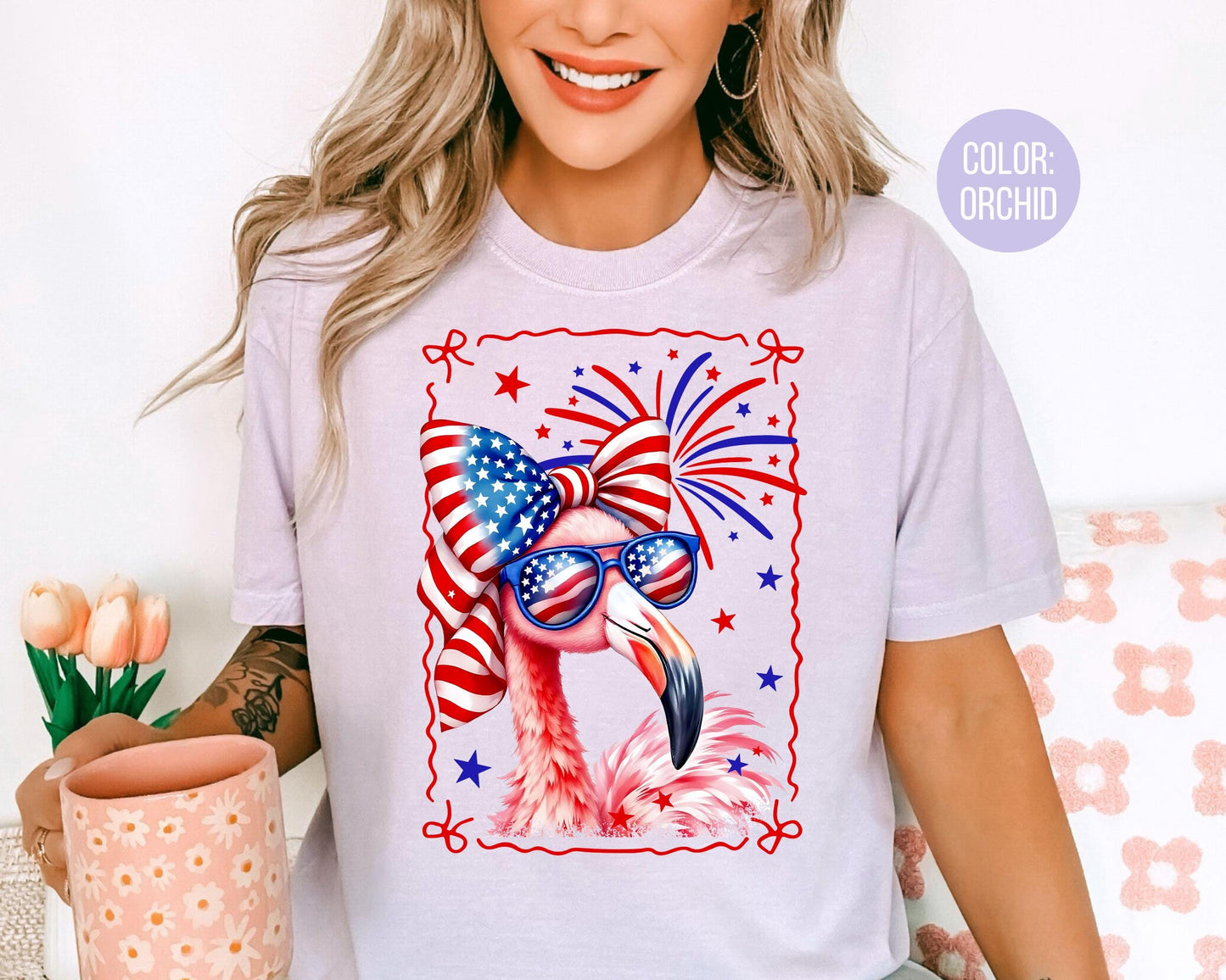 Comfort Colors Girls Patriotic Flamingo Shirt, 4th of July Shirts