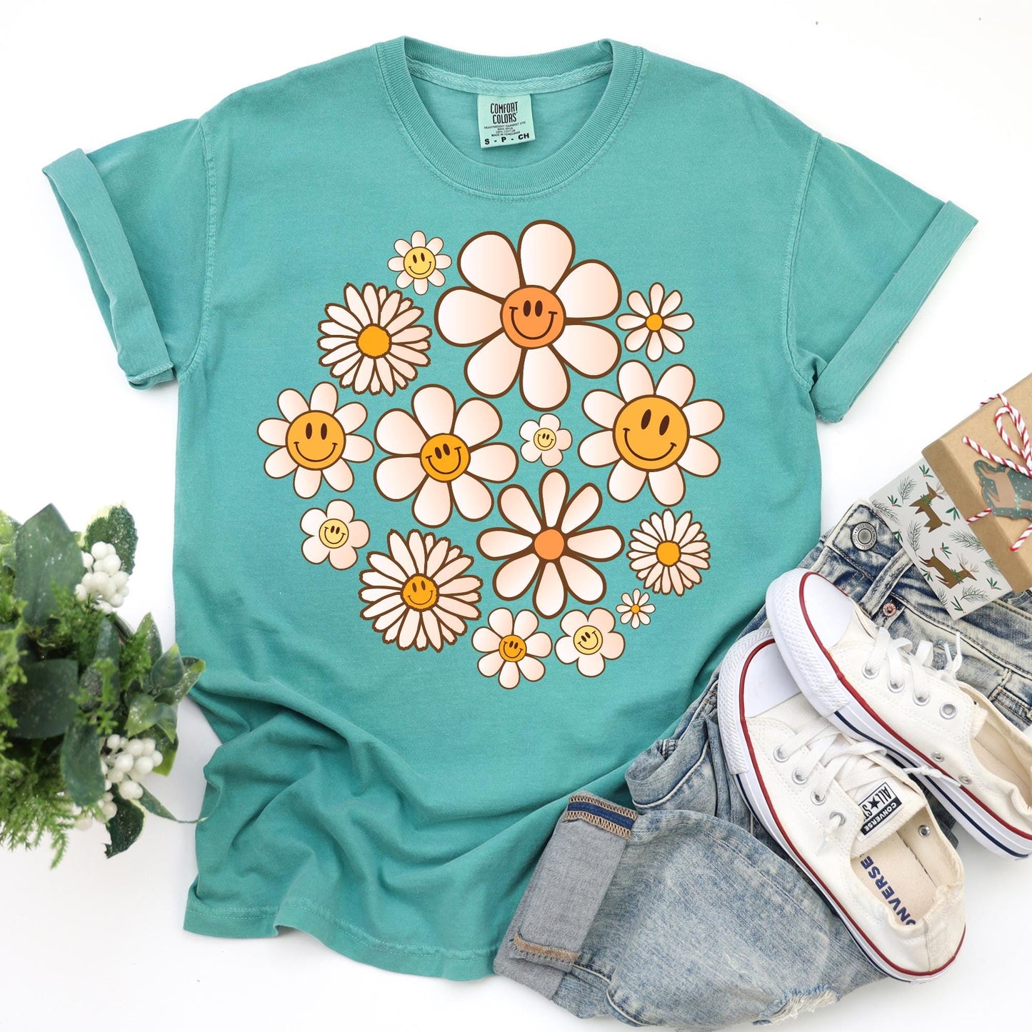 Comfort Colors Smiley Face Flowers Shirt: Floral Daisies Tee