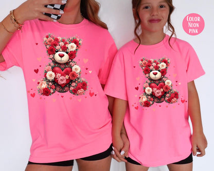 Comfort Colors Floral Teddy Bear Shirt, Girls Valentines Day Shirt, Kids Shirts