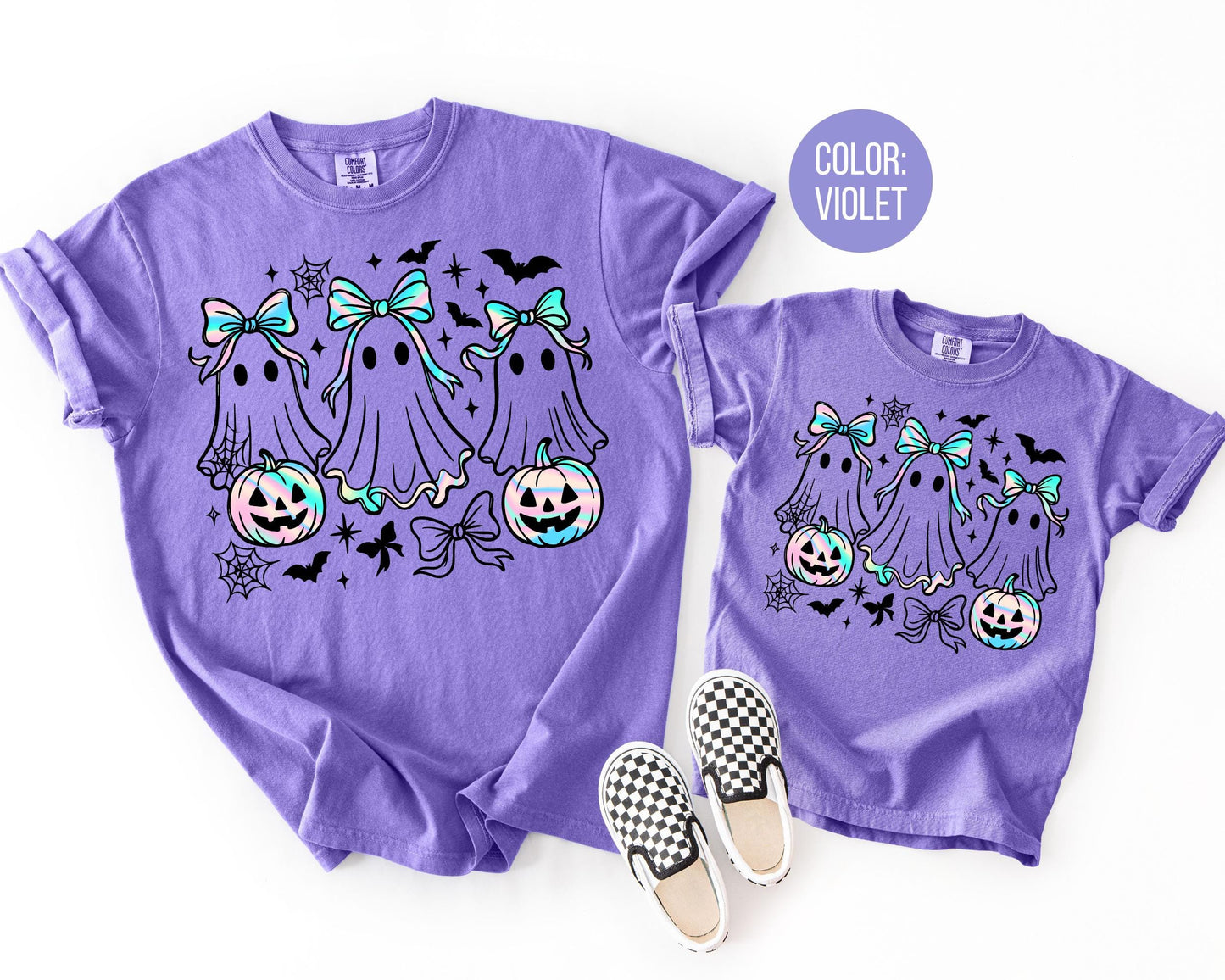 Comfort Colors Girly Iridescent Ghost Shirt, Matching Halloween Shirts, Spooky Mama and Mini Tees