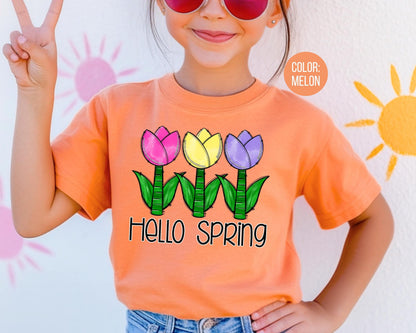 Comfort Colors® Hello Spring Shirt, Girls Spring Shirts, Tulip Tee for Girl