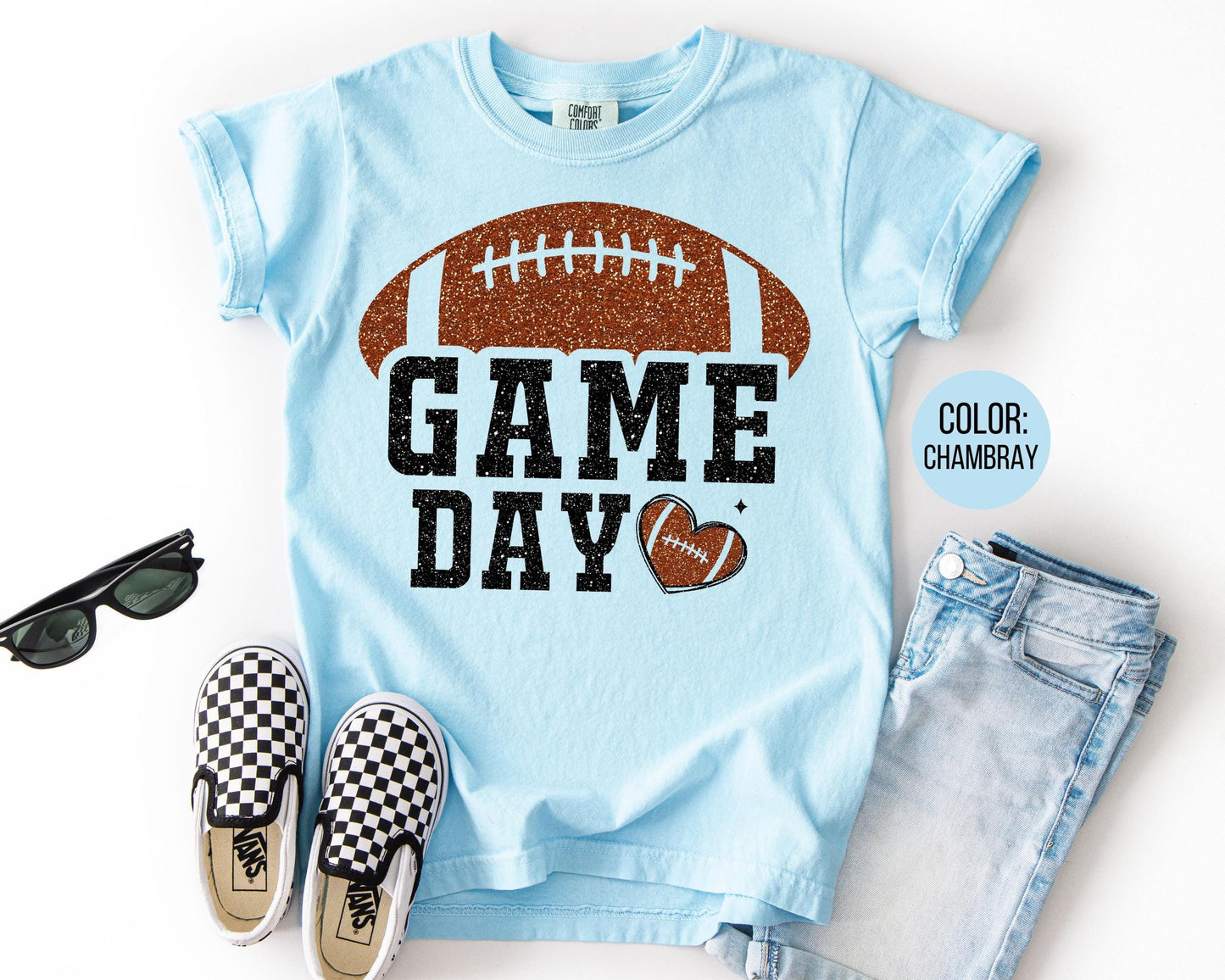 Comfort Colors Faux Glitter Football Shirt - Preppy Game Day Tee