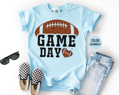 Comfort Colors Faux Glitter Football Shirt - Preppy Game Day Tee