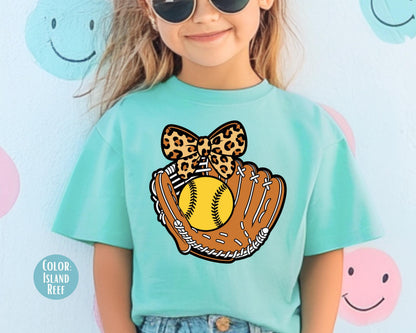 Comfort Colors Girls Leopard Softball Glove Shirt, Kids Softball Shirts
