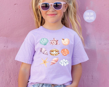 Comfort Colors® Kids Seashell Shirt, Cute Trendy Beach Shirt for Girls, Preppy Seashell Tee, Youth Beach Shirts, Matching Beach Shirts