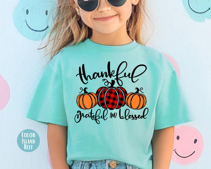 Comfort Colors Thankful Grateful Blessed Shirt, Kids Thanksgiving Shirts, Matching Fall Tees