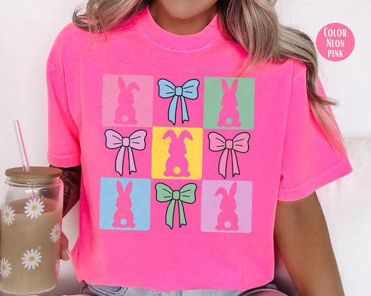 Comfort Colors® Colorful Square Bunnies Shirt, Girls Preppy Easter Bunny Shirts