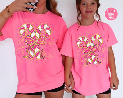 Comfort Colors Coquette Candy Cane Shirt, Girls Peppermint Tee, Mommy and Me Christmas Shirts
