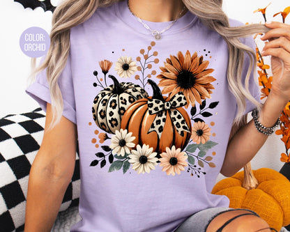 Comfort Colors Floral Fall Pumpkins Shirt, Leopard Pumpkin Tee, Thanksgiving Shirts for women