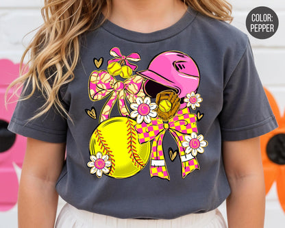 Comfort Colors Girls Preppy Checkered Softball Shirt, Kids Softball Shirts
