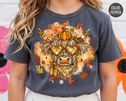 Comfort Colors Kids Highland Cow Shirt - Preppy Western Fall Style