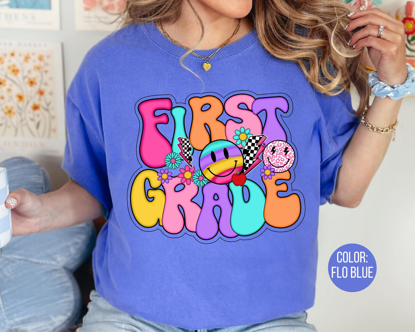 Comfort Colors® Smiley Retro First Grade Shirt, 1st Grade Teacher Shirts
