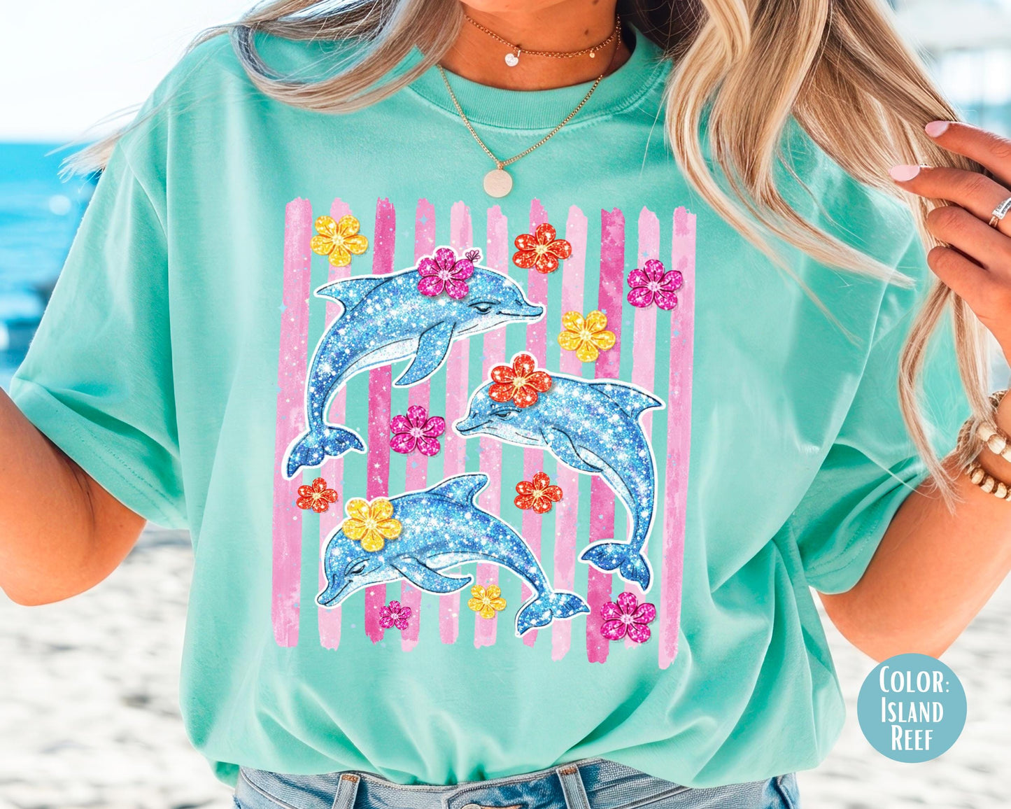 Comfort Colors Faux Glitter Dolphin Shirt, Girls Dolphin Shirts