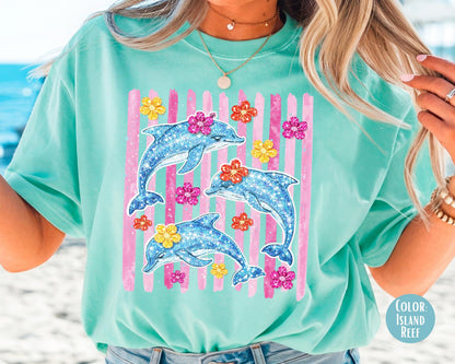 Comfort Colors Faux Glitter Dolphin Shirt, Girls Dolphin Shirts