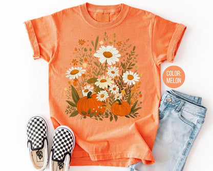 Comfort Colors Boho Fall Floral Pumpkin Shirt - Girly Thanksgiving Tee