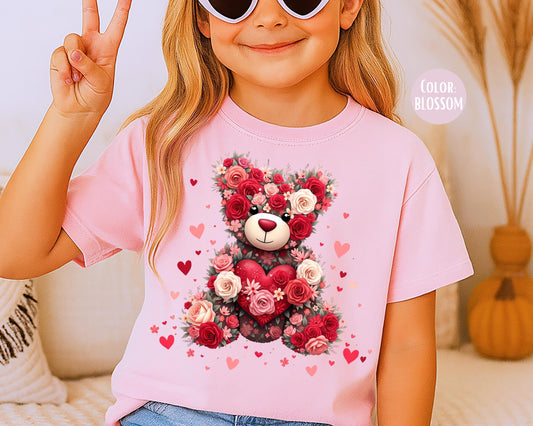 Comfort Colors Floral Teddy Bear Shirt, Girls Valentines Day Shirt, Kids Shirts