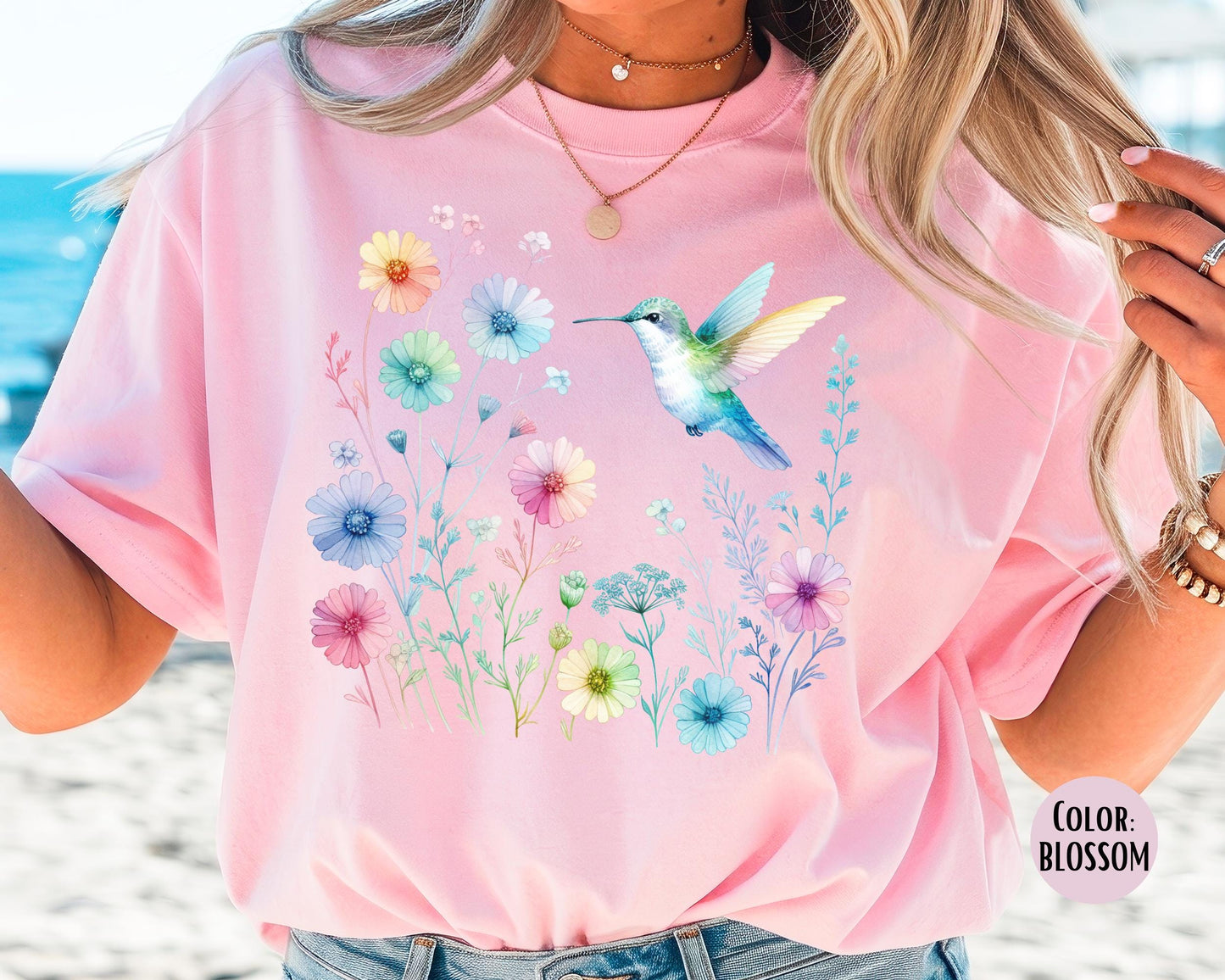Comfort Colors Floral Hummingbird Shirt, Colorful Hummingbird Shirts