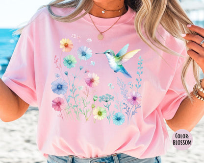 Comfort Colors Floral Hummingbird Shirt, Colorful Hummingbird Shirts