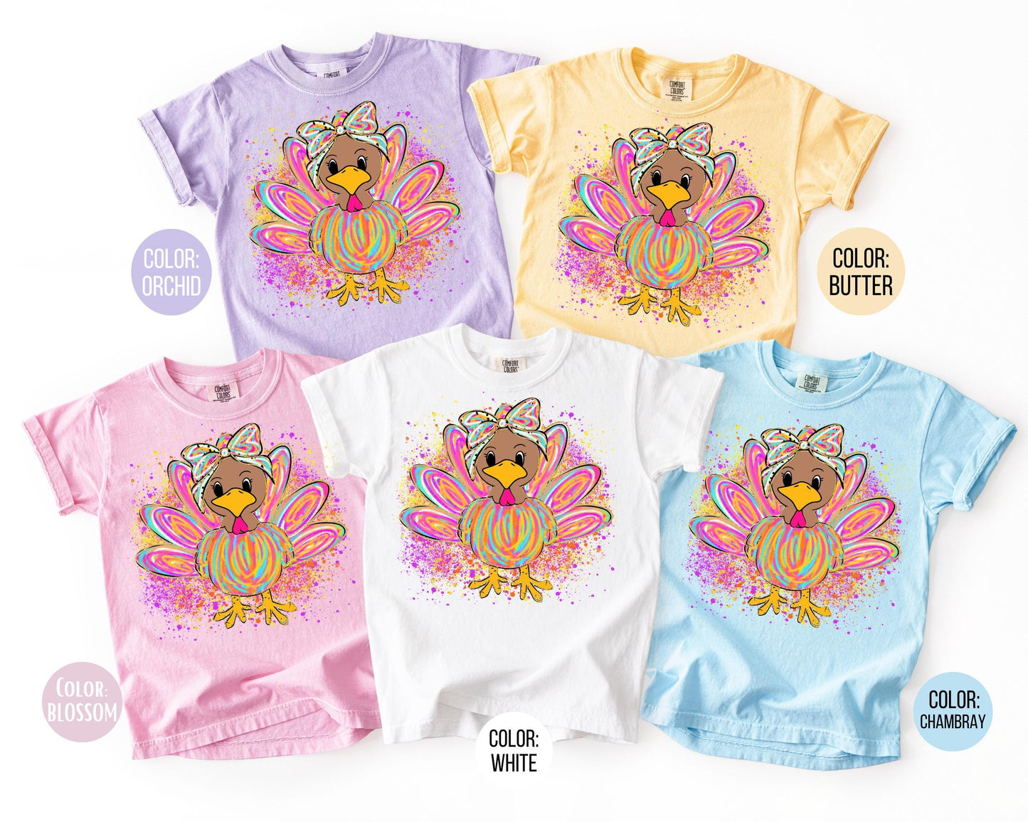 Comfort Colors Thanksgiving Turkey Shirt: Girls Watercolor Turkey Tee