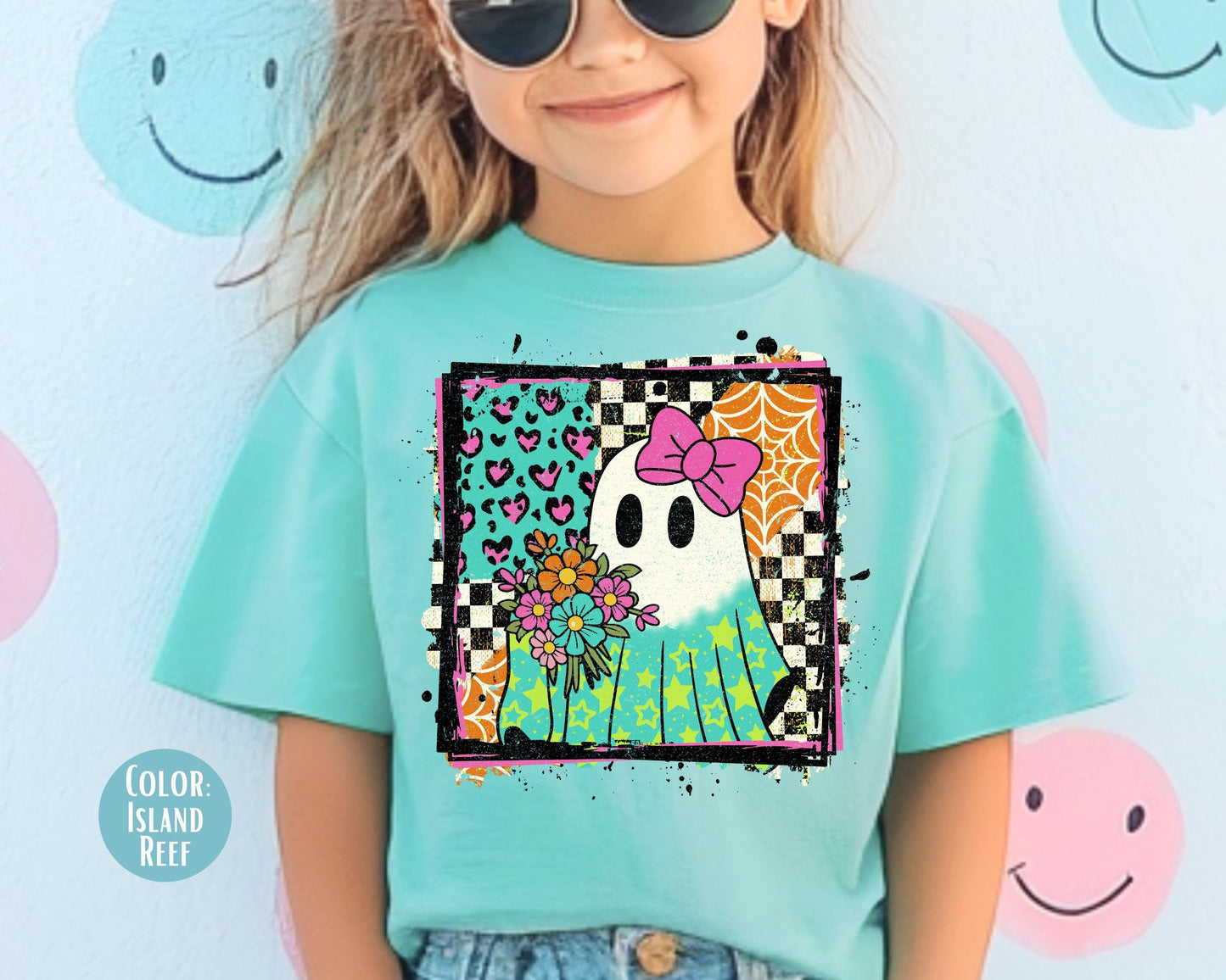 Comfort Colors Checkered Floral Ghost Shirt - Retro Halloween Tee
