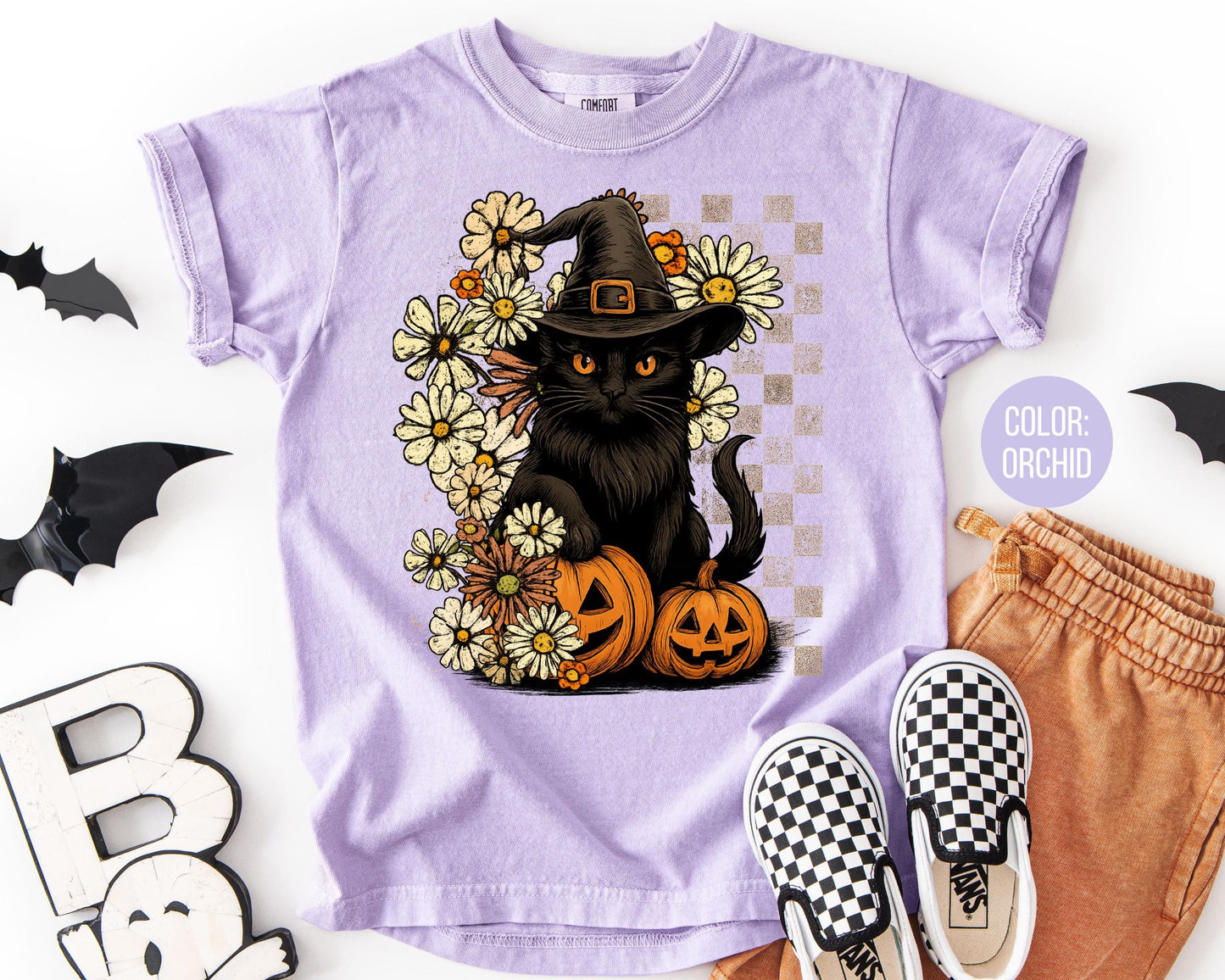Comfort Colors Witch Hat Black Cat Shirt - Halloween Floral Tee