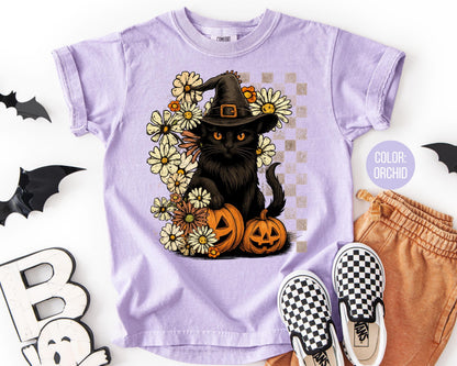 Comfort Colors Witch Hat Black Cat Shirt - Halloween Floral Tee
