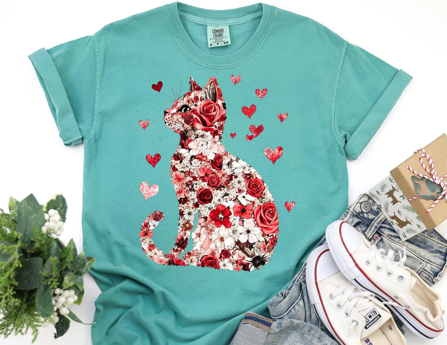 Comfort Colors Cat Valentine Shirt: Floral Heart Tee