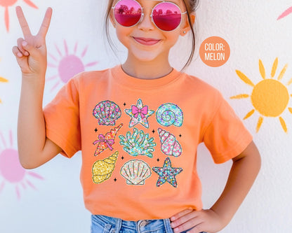 Comfort Colors Kids Shirt: Floral Seashells, Summer Vacation Tee