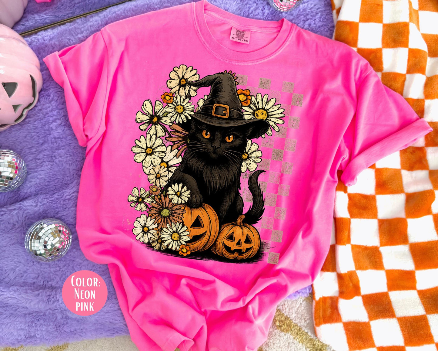 Comfort Colors Witch Hat Black Cat Shirt - Halloween Floral Tee