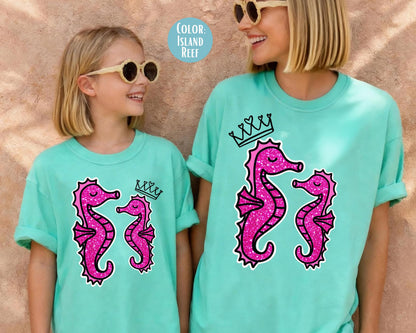 Comfort Colors® Faux Glitter Mama and Mini Seahorse Shirts, Mommy and Me Summer Shirts