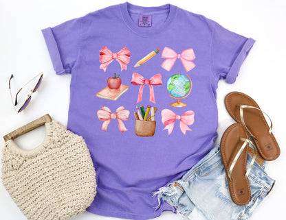 Comfort Colors Teacher Shirt: Coquette Bows, School Supplies Tee