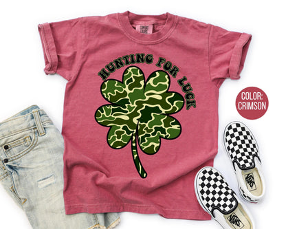 Comfort Colors® Boys Hunting For Luck Shirt, Kids Camo St Patricks Day Shirts