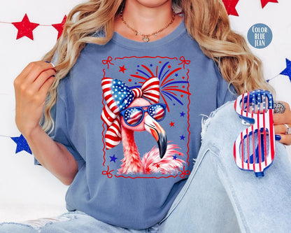 Comfort Colors Girls Patriotic Flamingo Shirt, 4th of July Shirts