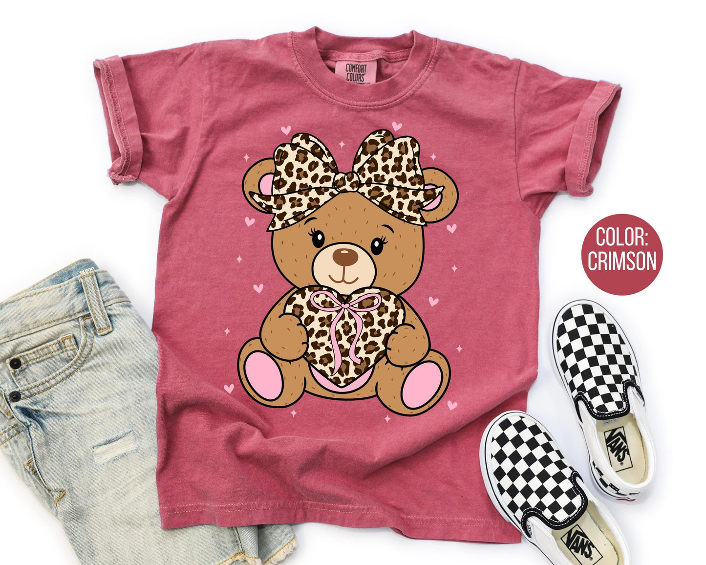 Comfort Colors Leopard Teddy Bear Shirt, Girls Valentines Day Shirt