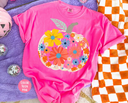 Comfort Colors Floral Pumpkin Shirt: Girls & Adults Fall Tee
