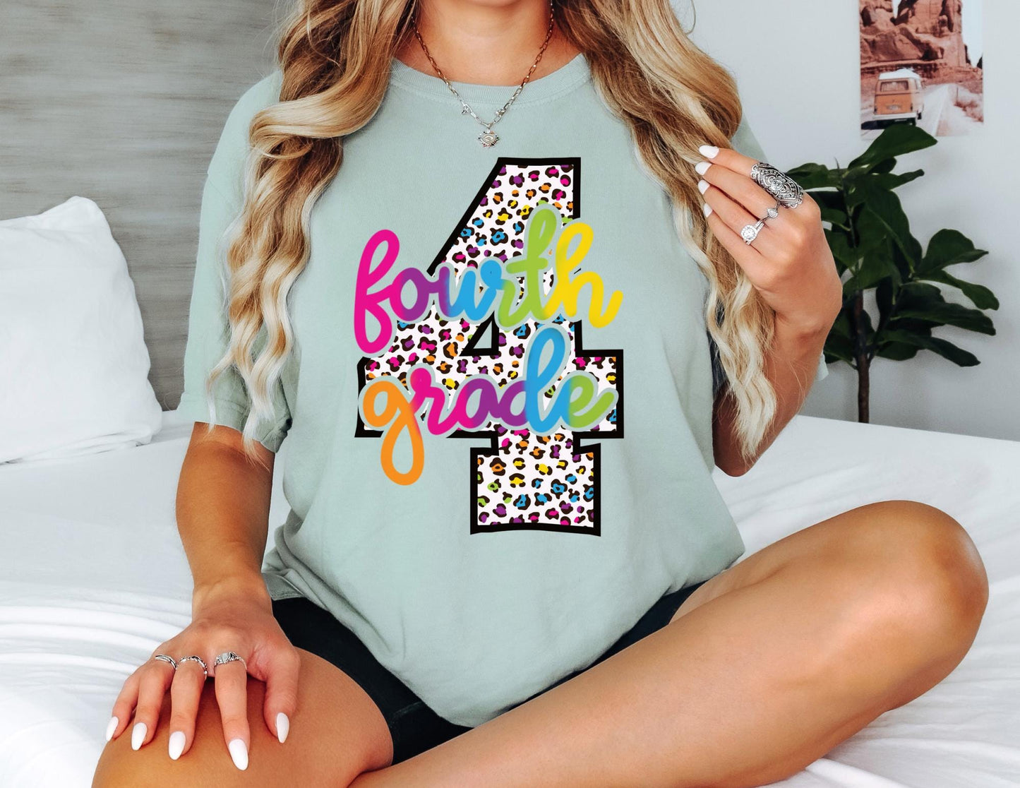 Comfort Colors Fourth Grade Teacher Shirt: Leopard Print