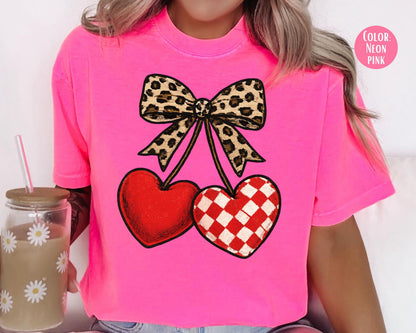 Comfort Colors Leopard Coquette Valentine Cherries Shirt: Girls Valentine's Day Tee