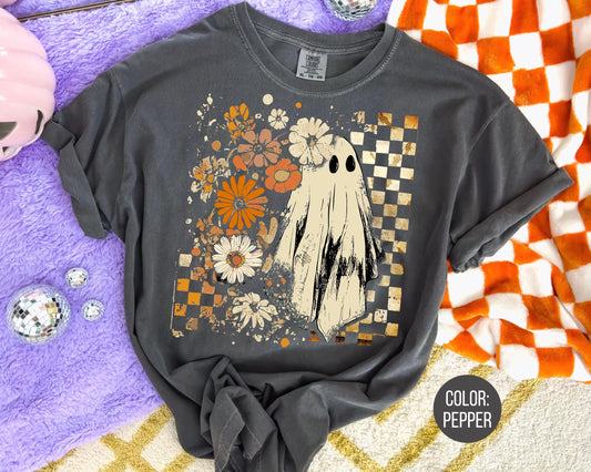 Comfort Colors Retro Floral Ghost Shirt - Preppy Halloween Tee
