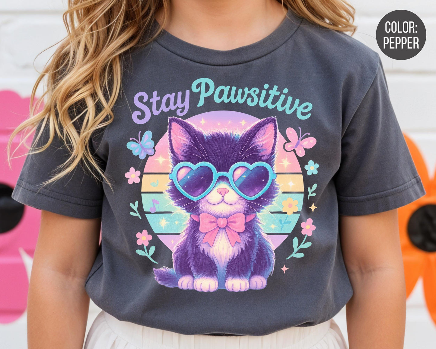 Comfort Colors Stay Pawsitive Cat Shirt - Matching Mom & Daughter
