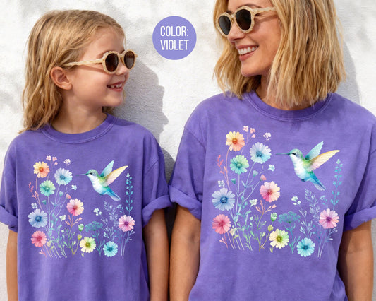 Comfort Colors Floral Hummingbird Shirt, Colorful Hummingbird Shirts