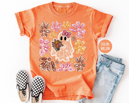 Comfort Colors Floral Lace Ghost Shirt - Halloween Kids Shirt
