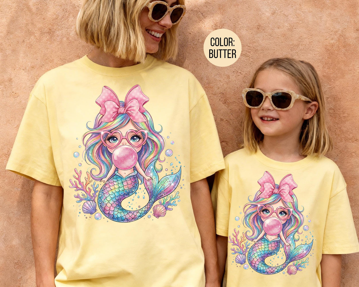 Comfort Colors® Mermaid Blowing Bubble Gum Shirt, Mama and Mini Mermaid Shirts