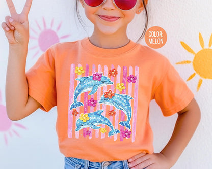 Comfort Colors Faux Glitter Dolphin Shirt, Girls Dolphin Shirts