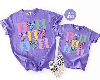 Comfort Colors® Colorful Square Bunnies Shirt, Girls Preppy Easter Bunny Shirts