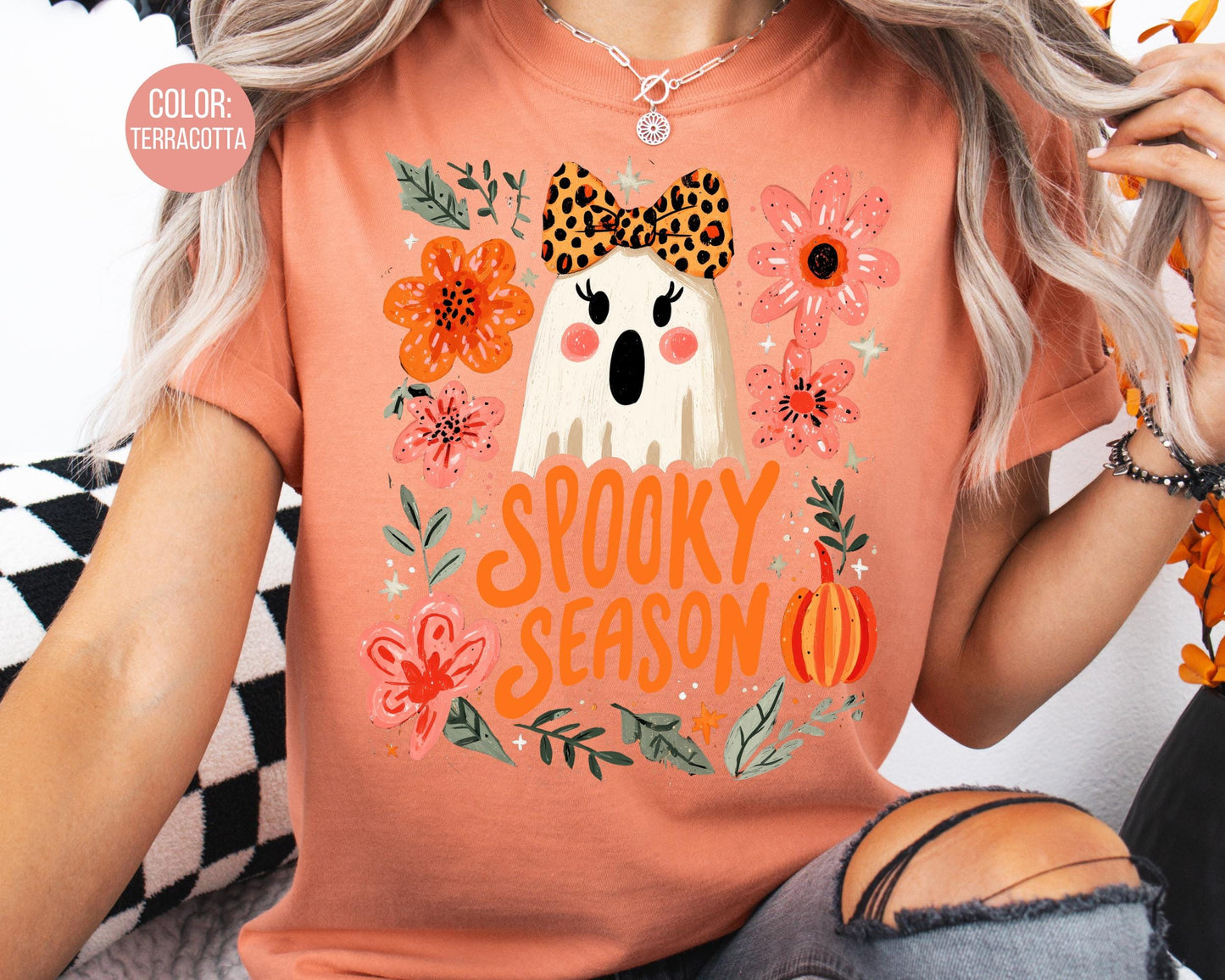Comfort Colors Floral Ghost Shirt, Girly Spooky Season Tee