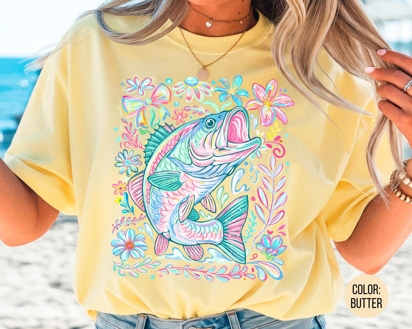 Comfort Colors® Floral Bass Shirt, Girls Fishing Shirts, Mommy and Me Fishing Tees